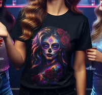 Load image into Gallery viewer, La Catrina Portrait Shirt - Day of the Dead Woman Tee - Cosmic Neon Unisex Graphic T-Shirt - Back to School Spooky Glam Streetwear