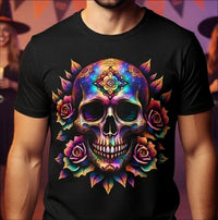 Load image into Gallery viewer, Cosmic Mandala Sugar Skull Shirt - Neon Rose Skeleton Tee - Vintage Unisex Day of the Dead T-Shirt - Back to School Halloween Top