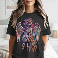 Load image into Gallery viewer, Floral Angel Skeleton Shirt - Neon Rose Winged Skull Tee - Vintage Unisex Day of the Dead T-Shirt - Back to School Goth Streetwear