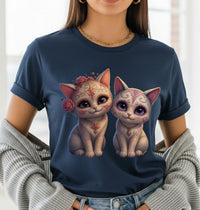 Load image into Gallery viewer, Sugar Skull Cats Black T-Shirt, Day of the Dead Kitten Tee, Cute Calavera Cat Shirt, Halloween Cat Graphic Tee, Dia de los Muertos Gift