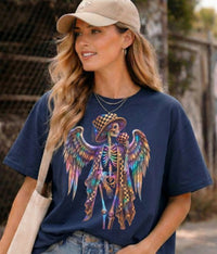 Load image into Gallery viewer, Goth Angel Skeleton Shirt - Neon Winged Sugar Skull Tee - Retro Unisex Streetwear T-Shirt - Back to School Alt Whimsigoth Top