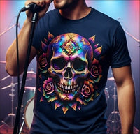 Load image into Gallery viewer, Cosmic Mandala Sugar Skull Shirt - Neon Rose Skeleton Tee - Vintage Unisex Day of the Dead T-Shirt - Back to School Halloween Top