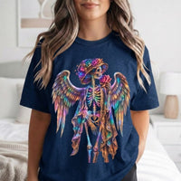 Load image into Gallery viewer, Floral Angel Skeleton Shirt - Neon Rose Winged Skull Tee - Vintage Unisex Day of the Dead T-Shirt - Back to School Goth Streetwear