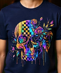 Load image into Gallery viewer, Psychedelic Floral Skull T-Shirt — Colorful Checkerboard Day of the Dead Tee