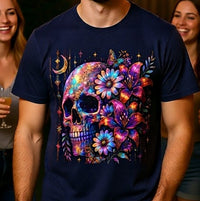 Load image into Gallery viewer, Psychedelic Floral Skull T‑Shirt Cosmic Day of the Dead Graphic Tee