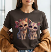 Load image into Gallery viewer, Sugar Skull Cats Black T-Shirt, Day of the Dead Kitten Tee, Cute Calavera Cat Shirt, Halloween Cat Graphic Tee, Dia de los Muertos Gift