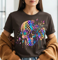 Load image into Gallery viewer, Psychedelic Floral Skull T-Shirt — Colorful Checkerboard Day of the Dead Tee