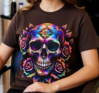 Load image into Gallery viewer, Cosmic Mandala Sugar Skull Shirt - Neon Rose Skeleton Tee - Vintage Unisex Day of the Dead T-Shirt - Back to School Halloween Top