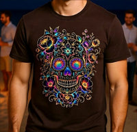 Load image into Gallery viewer, Intricate Lace Sugar Skull Shirt - Neon Filigree Floral Skeleton Tee - Retro Unisex Day of the Dead T-Shirt - Back to School Goth Clothing
