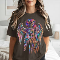 Load image into Gallery viewer, Floral Angel Skeleton Shirt - Neon Rose Winged Skull Tee - Vintage Unisex Day of the Dead T-Shirt - Back to School Goth Streetwear