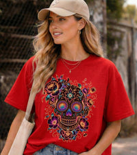 Load image into Gallery viewer, Intricate Lace Sugar Skull Shirt - Neon Filigree Floral Skeleton Tee - Retro Unisex Day of the Dead T-Shirt - Back to School Goth Clothing