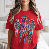 Load image into Gallery viewer, Floral Angel Skeleton Shirt - Neon Rose Winged Skull Tee - Vintage Unisex Day of the Dead T-Shirt - Back to School Goth Streetwear