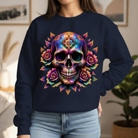 Load image into Gallery viewer, Cosmic Sugar Skull Sweatshirt, Galaxy Calavera Crewneck, Day of the Dead Rose Pullover, Psychedelic Tee, Vibrant Halloween Flower Gift