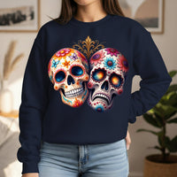 Load image into Gallery viewer, Triumph and Tragedy, Sugar Skulls, Calavera Crewneck, Day of the Dead Pullover, Halloween Graphic Tee, Gothic Wedding Anniversary Gift