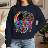 Load image into Gallery viewer, Neon Rainbow Skull Sweatshirt, Checkered Goth Crewneck, Cyberpunk Pullover, Day of the Dead Graphic Tee, Rave Aesthetic Clothing