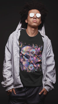 Load and play video in Gallery viewer, Psychedelic Floral Skull T‑Shirt Cosmic Day of the Dead Graphic Tee