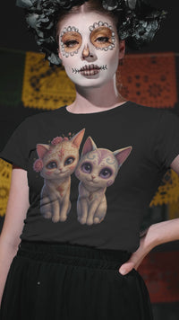 Load and play video in Gallery viewer, Sugar Skull Cats Black T-Shirt, Day of the Dead Kitten Tee, Cute Calavera Cat Shirt, Halloween Cat Graphic Tee, Dia de los Muertos Gift