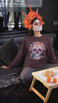 Load and play video in Gallery viewer, Sugar Skull Raccoon Sweatshirt, Floral Calavera Crewneck, Day of the Dead Pullover, Spooky Cute Animal Graphic Tee, Gothic Flower Crown Gift