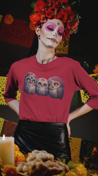 Load and play video in Gallery viewer, Sugar Skull Owls, Day of the Dead, Calavera Shirt, Mystical Halloween Graphic Tee, Dia de los Muertos Gift