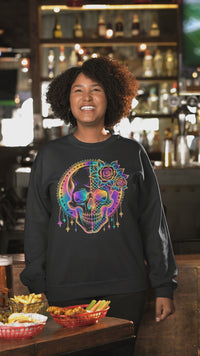 Load and play video in Gallery viewer, Neon Rainbow Skull Sweatshirt, Checkered Goth Crewneck, Cyberpunk Pullover, Day of the Dead Graphic Tee, Rave Aesthetic Clothing