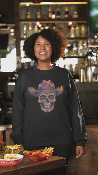 Load and play video in Gallery viewer, Colorful Cowboy Skull Sweatshirt | Neon Western Skull Crewneck