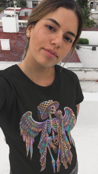 Load and play video in Gallery viewer, Goth Angel Skeleton Shirt - Neon Winged Sugar Skull Tee - Retro Unisex Streetwear T-Shirt - Back to School Alt Whimsigoth Top