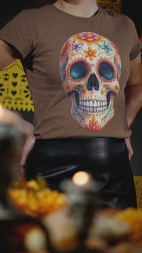 Load and play video in Gallery viewer, Colorful Sugar Skull T-Shirt | Day of the Dead Floral Skull Tee