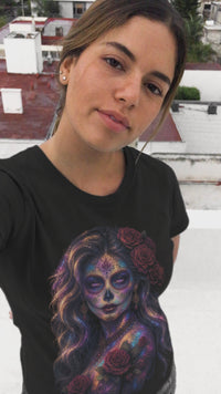 Load and play video in Gallery viewer, La Catrina Portrait Shirt - Day of the Dead Woman Tee - Cosmic Neon Unisex Graphic T-Shirt - Back to School Spooky Glam Streetwear