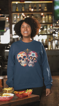 Load and play video in Gallery viewer, Triumph and Tragedy, Sugar Skulls, Calavera Crewneck, Day of the Dead Pullover, Halloween Graphic Tee, Gothic Wedding Anniversary Gift
