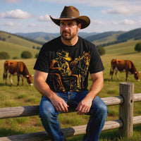 Load and play video in Gallery viewer, Retro Cowboy and Horse Shirt - Gold Western Graphic Tee - 80s Unisex Country T-Shirt - Edgy Back to School Streetwear Clothes