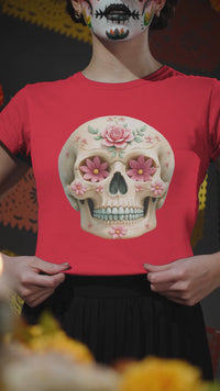 Load and play video in Gallery viewer, Floral Sugar Skull T-Shirt, Day of the Dead Shirt, Colorful Calavera Tee, Mexican Halloween Shirt