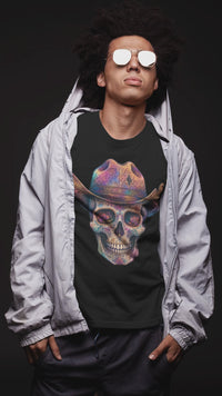 Load and play video in Gallery viewer, Mosaic Cowboy Skull Shirt - Ornate Western Gothic Graphic Tee - Retro Unisex Country T-Shirt - Back to School Edgy Halloween Wear