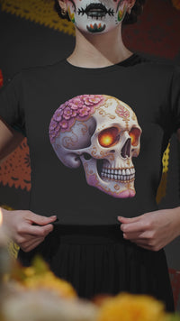 Load and play video in Gallery viewer, Floral Sugar Skull, Day of the Dead Tee, Gothic Flower Skull Shirt, Calavera Halloween Tshirt, Edgy Boho Skull Graphic Tee