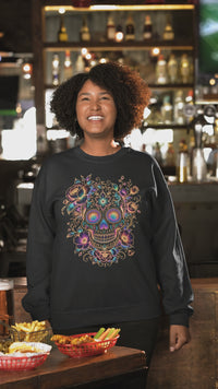 Load and play video in Gallery viewer, Colorful Sugar Skull Crewneck Sweatshirt | Floral Day of the Dead