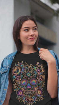 Load and play video in Gallery viewer, Intricate Lace Sugar Skull Shirt - Neon Filigree Floral Skeleton Tee - Retro Unisex Day of the Dead T-Shirt - Back to School Goth Clothing