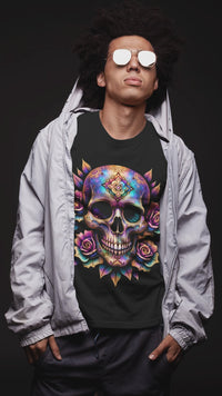 Load and play video in Gallery viewer, Cosmic Mandala Sugar Skull Shirt - Neon Rose Skeleton Tee - Vintage Unisex Day of the Dead T-Shirt - Back to School Halloween Top