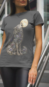 Load and play video in Gallery viewer, Howling Floral Wolf T-Shirt — Moonlit Nature Graphic Tee