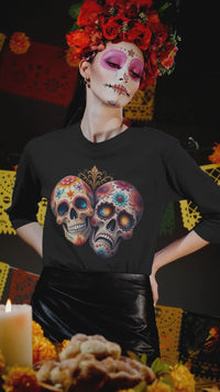 Load and play video in Gallery viewer, Triumph and Tragedy Sugar Skulls - Day of the Dead Floral Skull Tee