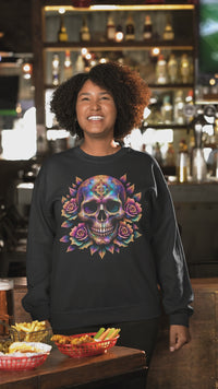 Load and play video in Gallery viewer, Cosmic Sugar Skull Sweatshirt, Galaxy Calavera Crewneck, Day of the Dead Rose Pullover, Psychedelic Tee, Vibrant Halloween Flower Gift
