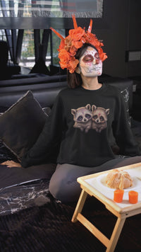 Load and play video in Gallery viewer, Sugar Skull Raccoons Sweatshirt, Cute Halloween Crewneck, Day of the Dead, Animal Lovers Gift, Pullover