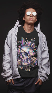 Load and play video in Gallery viewer, Holographic Crystal Skull Shirt - Abstract Geometric Graphic Tee - Vintage Unisex Halloween T-Shirt - Back to School Gorpcore Streetwear