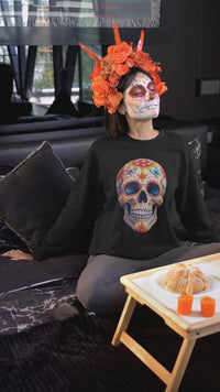 Load and play video in Gallery viewer, Floral Sugar Skull Sweatshirt, Butterfly Calavera Crewneck, Day of the Dead, Colorful Halloween Graphic Tee, Dia de los Muertos Gift