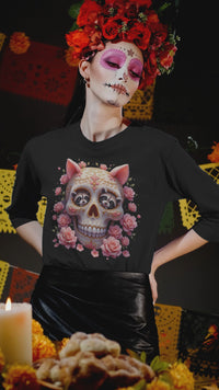 Load and play video in Gallery viewer, Floral Raccoon Sugar Skull T-Shirt, Day of the Dead Calavera Shirt, Cute Halloween Tee