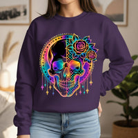 Load image into Gallery viewer, Neon Rainbow Skull Sweatshirt, Checkered Goth Crewneck, Cyberpunk Pullover, Day of the Dead Graphic Tee, Rave Aesthetic Clothing