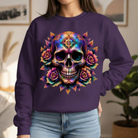 Load image into Gallery viewer, Cosmic Sugar Skull Sweatshirt, Galaxy Calavera Crewneck, Day of the Dead Rose Pullover, Psychedelic Tee, Vibrant Halloween Flower Gift