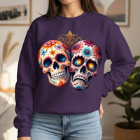 Load image into Gallery viewer, Triumph and Tragedy, Sugar Skulls, Calavera Crewneck, Day of the Dead Pullover, Halloween Graphic Tee, Gothic Wedding Anniversary Gift