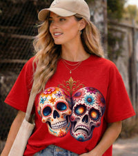 Load image into Gallery viewer, Triumph and Tragedy Sugar Skulls - Day of the Dead Floral Skull Tee