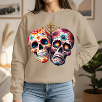 Load image into Gallery viewer, Triumph and Tragedy, Sugar Skulls, Calavera Crewneck, Day of the Dead Pullover, Halloween Graphic Tee, Gothic Wedding Anniversary Gift