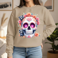 Load image into Gallery viewer, Sugar Skull Raccoon Sweatshirt, Floral Calavera Crewneck, Day of the Dead Pullover, Spooky Cute Animal Graphic Tee, Gothic Flower Crown Gift