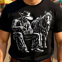 Load image into Gallery viewer, Retro Cowboy and Horse Shirt - Gold Western Graphic Tee - 80s Unisex Country T-Shirt - Edgy Back to School Streetwear Clothes